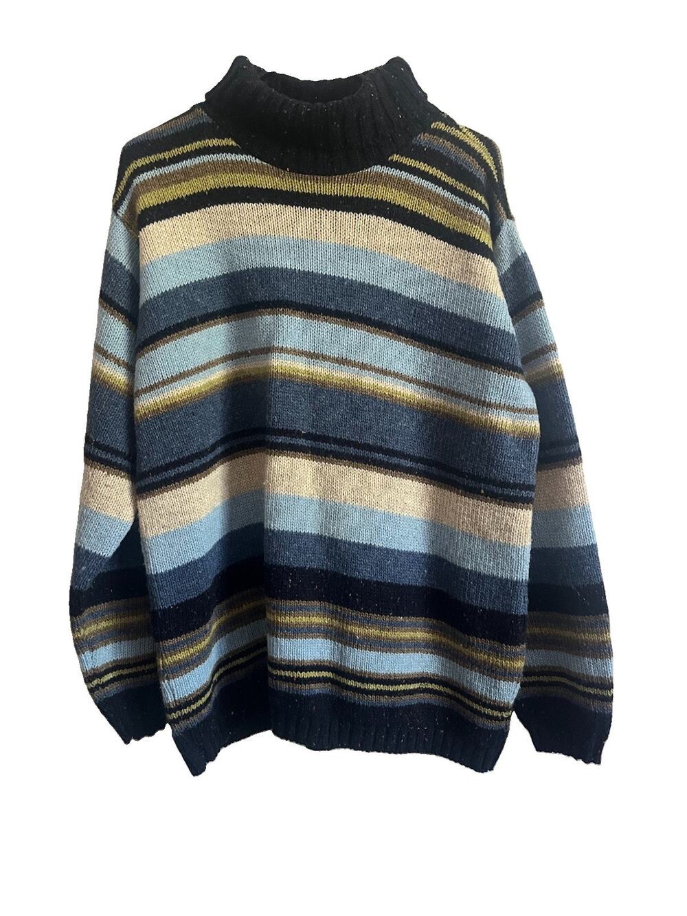 St. John’s Bay Large Striped Turtleneck Sweater Wool Blend Blue Black USA VTG